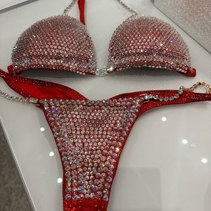 Bilbo sportswear NPC bikini competition suit. Red lining with full rhinestones